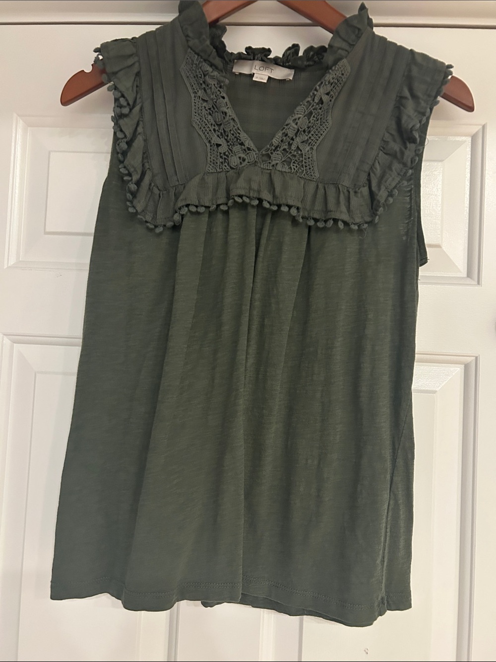 LOFT Olive Green Ruffle Yoke Sleeveless Top
